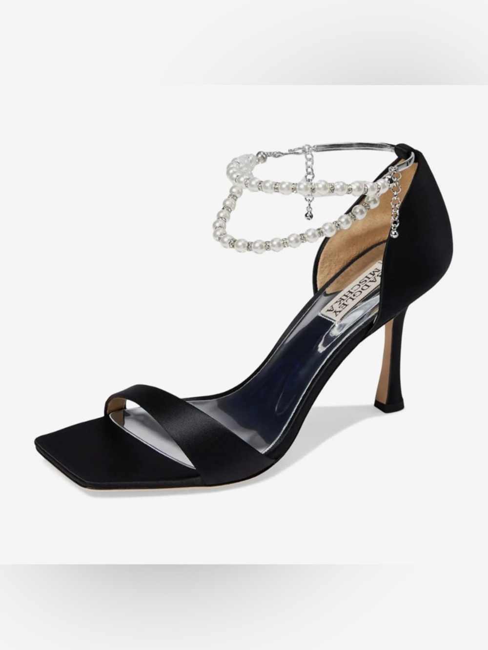 Badgley Mischka Loretta Black Satin Pearl-Strap Square-Toe Heels